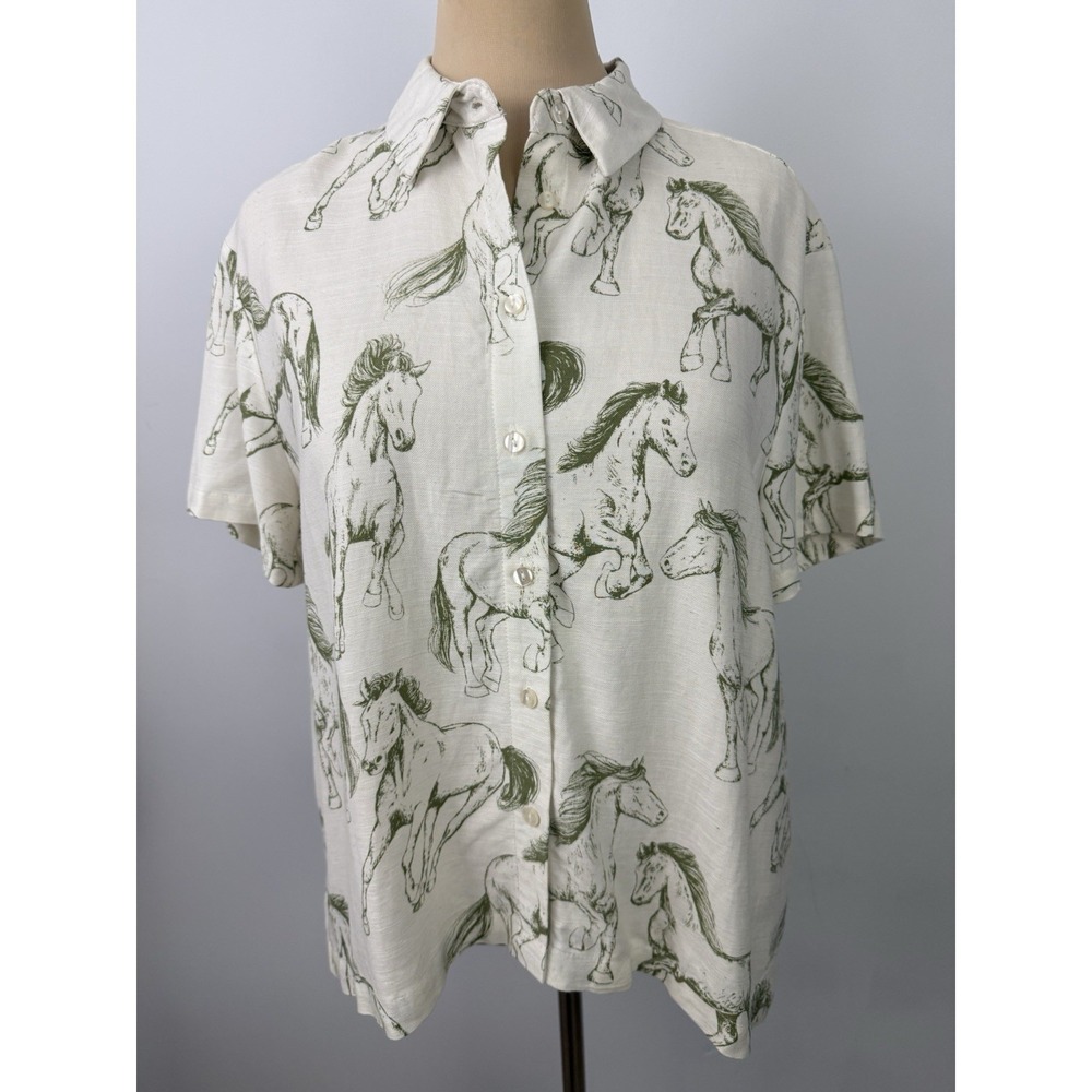 JANE + DELANCEY Horses Button Shirt Top Large Linen Blend Equestrian Horse Girl